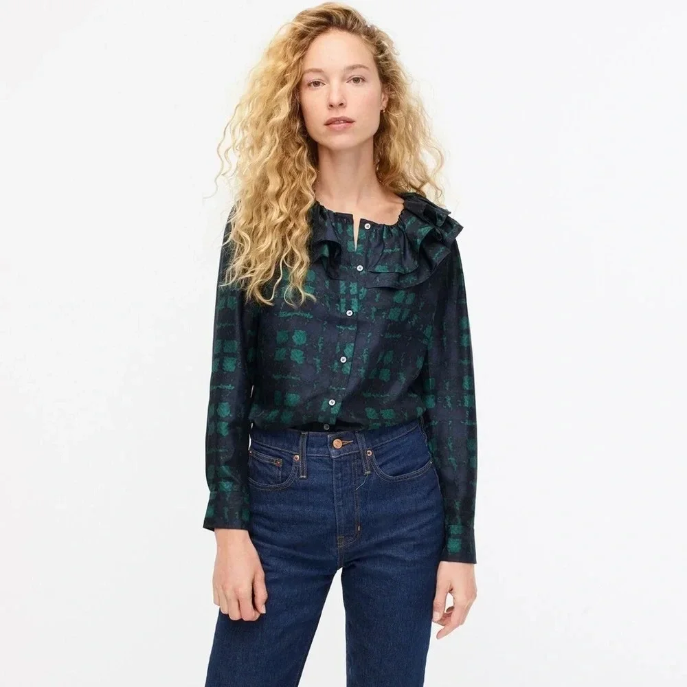 New J. Crew Collection Silk Twill Ruffle-collar Blouse Top Plaid Green Blue NWT